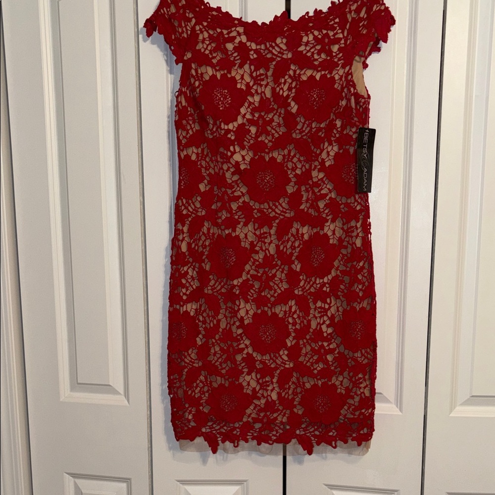 Betsy & Adam Red Floral Lace Mini Dress